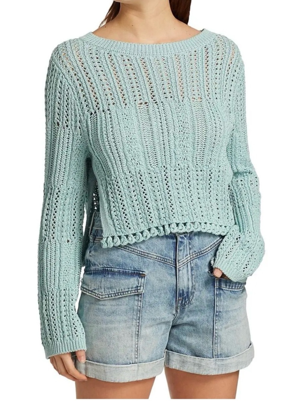 Jonathan Simkhai Women Blue Amberly Chunky Cropped Pullover Sweater Size L